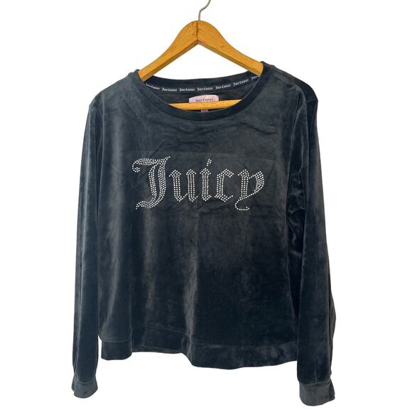 Juicy Couture Black Velour Rhinestone Logo Long Sleeve Lounge Sleep Top Size M - Picture 1 of 8